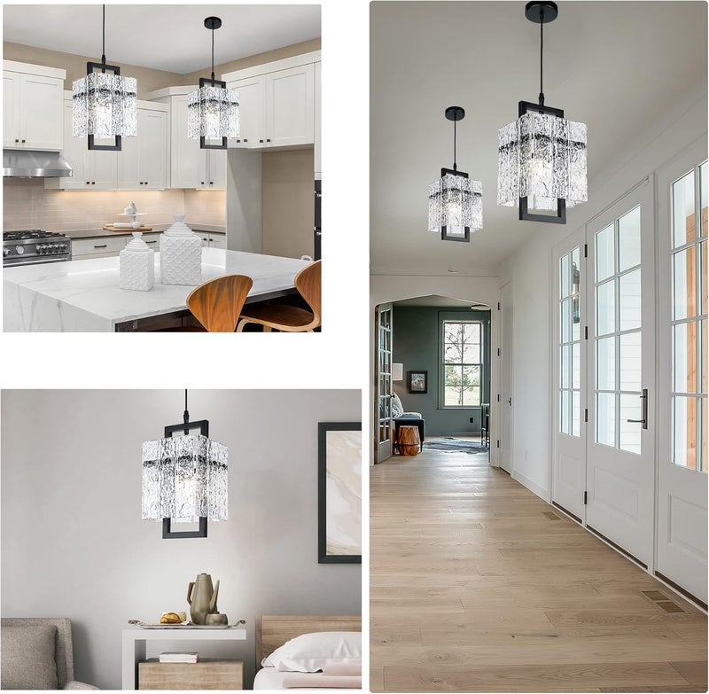 IKK Black Crystal Pendant Light for Kitchen Island, Luxury Water Ripple Glass Chandelier Lights Fixture, Modern Elegant Adjustable Pendant Lighting for Dining Room Bedroom, E12 Bulb, L6.5'' x H11.8'' - Image 4